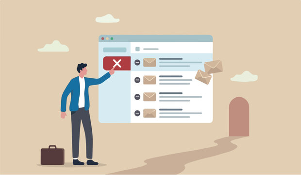 Unsubscribe go youemail exit mailing list, cancel subscription button, remove leaving marketing email, delete  rejection concept, businessman working with computer laptop push unsubscribe button 