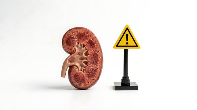 Chronic kidney disease risk shown with renal model and warning sign