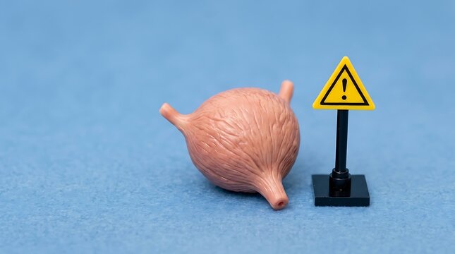 Anatomical bladder model with caution sign for cystitis awareness