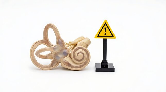 Human inner ear anatomy model with warning sign for vertigo