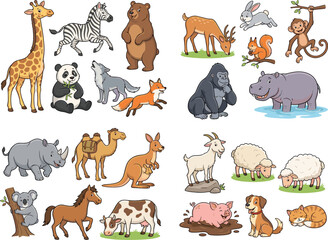 Obraz premium Cute Cartoon Wildlife Animal Collection Featuring Giraffe, Zebra, Bear, Deer, Panda, Fox, Gorilla, Hippopotamus, Rhinoceros and Farm Animals