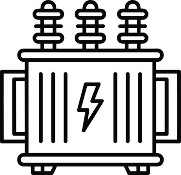 Black and white line of an electrical transformer with three insulators on and a lightning bolt symbol on the main body