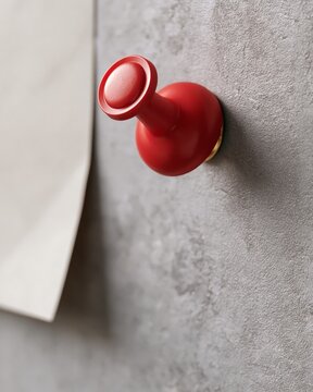 Close-up of red push pin on textured wall holding a paper corner
