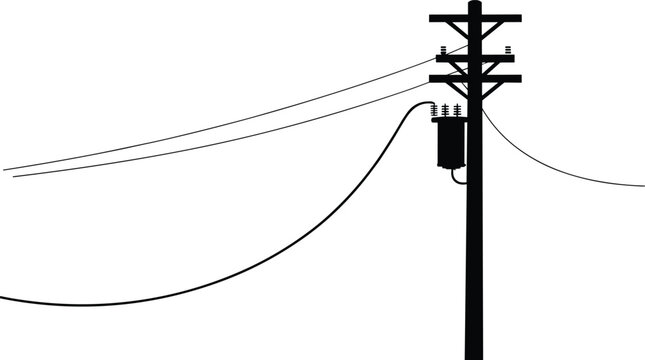 Black silhouette of a wooden utility pole with a mounted electrical transformer and power lines against a plain white background
