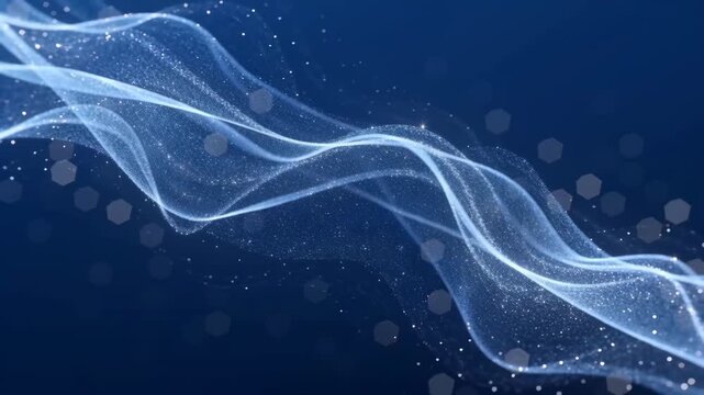 Abstract soft blue background with diagonal glowing particle wave and bokeh