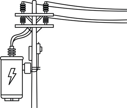 Line of an electrical utility pole with a transformer and power lines on a plain white background electricity