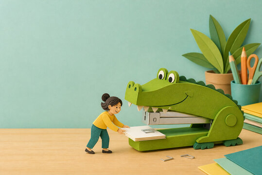 Desk stapler imagined as a friendly crocodile