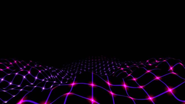 Futuristic neon grid wave with glowing purple light points. Abstract digital landscape background. Cyberpunk synthwave wireframe animation.
