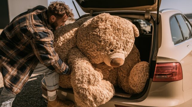 Man loading huge giant teddy bear into car trunk preparing for transportation or gift on sunny day outdoors