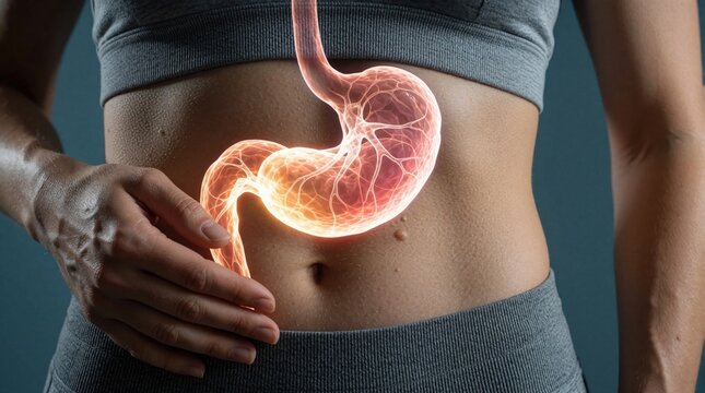 Human female torso with glowing red stomach organ illustration. Woman touches abdomen feeling pain discomfort. Medical concept for digestive system health, gastric issues, acidity, indigestion.