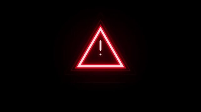 Glowing neon red triangle warning sign with an exclamation mark symbol