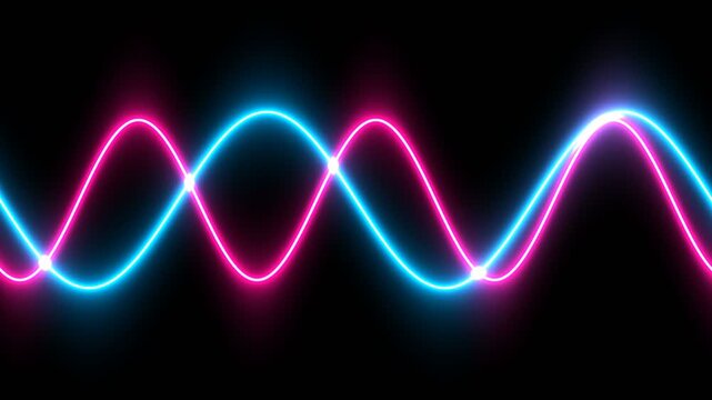 Neon glowing sine waves in blue and pink, futuristic digital signal frequency background, abstract light energy motion graphics