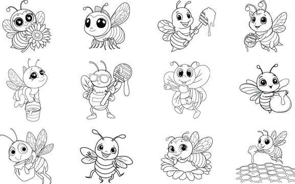 Hand-drawn bees set, cute bee characters collection, cartoon bee doodles. Kids coloring book pages, vector illustration outlines, honey, nectar, flower, honeycomb sketches