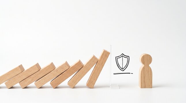 Domino Effect Stopped by Shield Protecting Person Concept