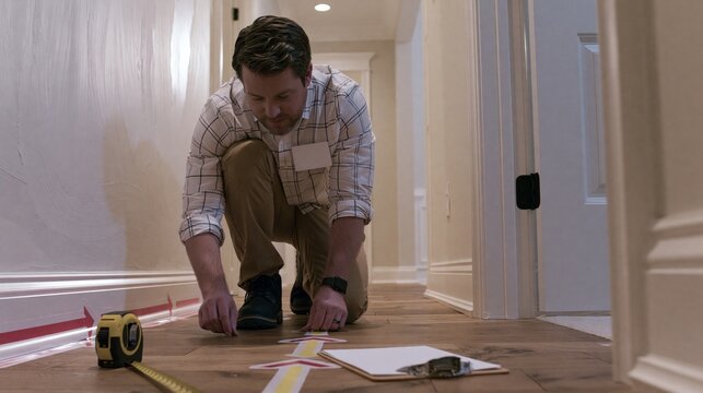 Male Listing Coordinator Applying Directional Floor Arrows for Open House Tour