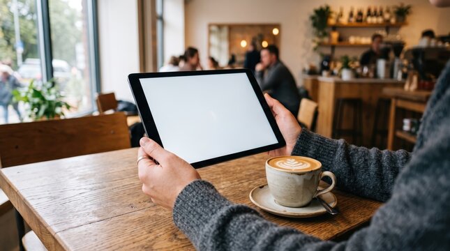 Person holding blank screen tablet computer in cozy coffee shop with latte art cup on wooden table, representing freelancer lifestyle, remote working environment, digital nomad