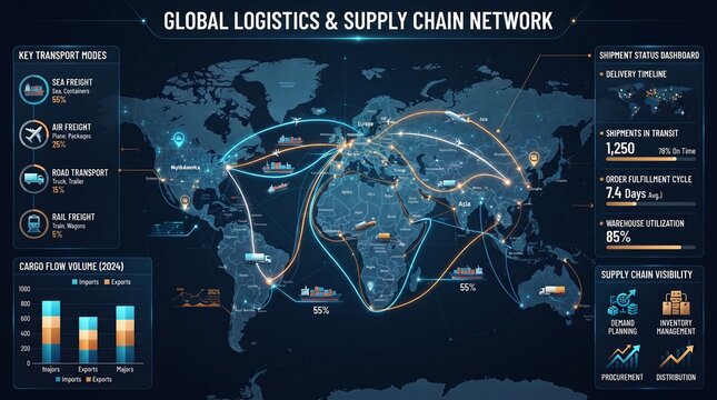 Global logistics and supply chain network dashboard, digital world map with shipping routes, international freight and cargo data visualization