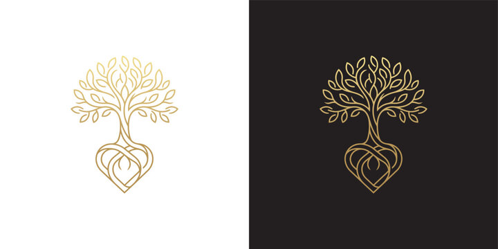 Elegant Golden Line Art Tree of Life with Heart Shaped Roots Logo Design Set on White and Black Background