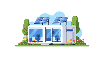 Fototapeta premium Modern Modular Eco-Friendly Office with Solar Panels and Large Glass Windows, Sustainable Workspace in Nature Vector Illustration