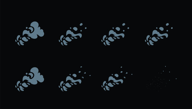 Blue smoke puff animation frames and sprite sheet elements set on a black background for game developers.