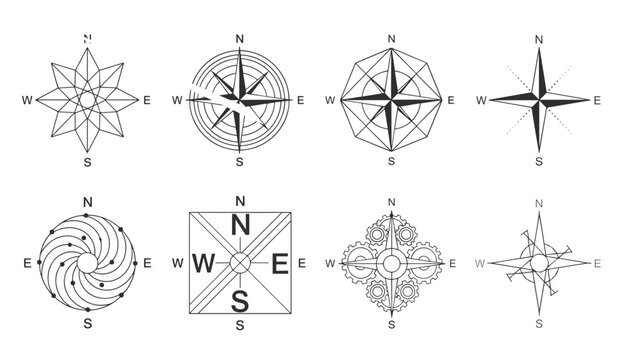 Compass rose vector icon set featuring traditional modern and geometric nautical direction designs on a white background.