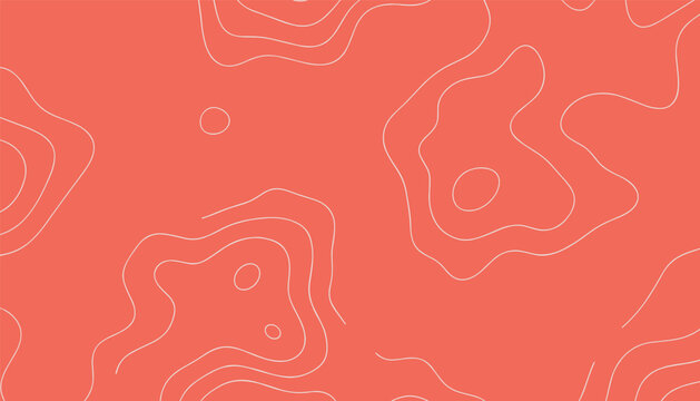 Topographic map background with wavy white elevation contours on a trendy and vibrant solid coral pink background.