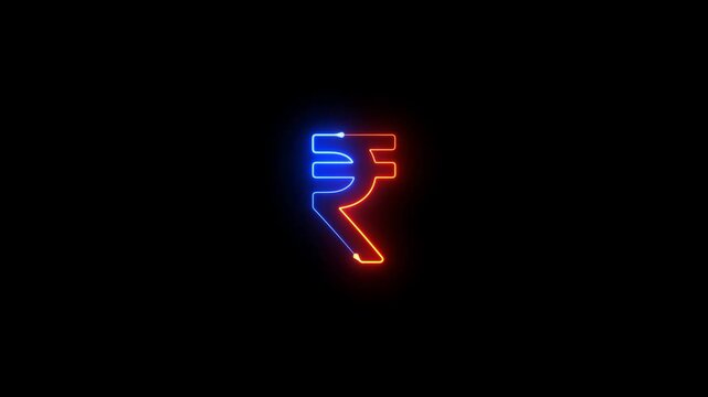 Neon glowing Indian Rupee Currency Icon video motion animation black background. Indian rupee symbol animation for finance, currency, economy, payment, wealth. Rupee Currency Icon animation.