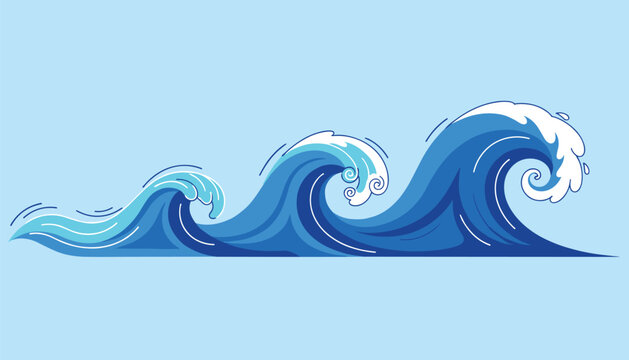 Stylized blue ocean waves with white foam crests cascading horizontally on a soft light blue background.