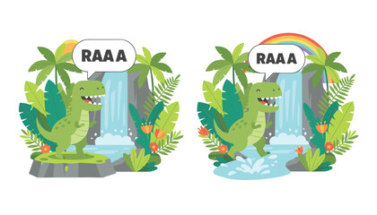 Obraz premium Cute green dinosaur character roaring by a tropical waterfall in a spot-the-difference puzzle style vector.