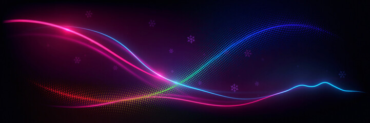 Obraz premium Abstract Colorful Neon Light Waves with Rainbow Dot Particles and Snowflakes, Vibrant Pink Blue Purple Gradient Background with Halftone Dot Pattern, Ideal for Winter Sale, Music, Gaming and Festive 