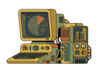 Naklejka premium Retro Futuristic Computer Terminal with Radar Screen Vector Illustration