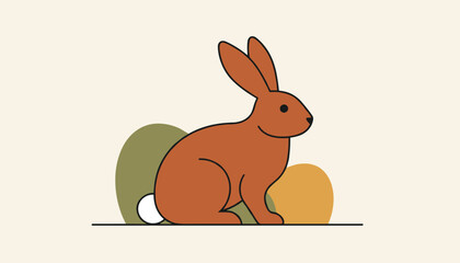 Fototapeta premium Minimalist vector illustration of a brown rabbit sitting calmly in front of colorful organic shapes on beige.