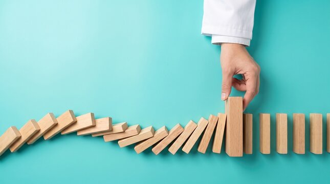 Hand stopping domino effect, preventing chain reaction, control concept