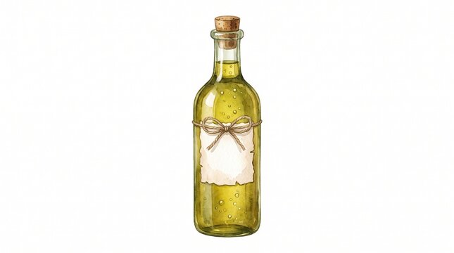 Vintage olive oil bottle with blank paper label, rustic glass decanter with cork stopper, organic cooking oil illustration on white