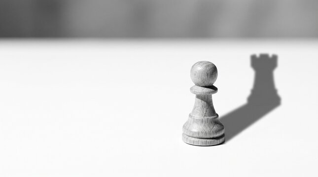 Chess Pawn Shadow Casts Rook Shape, Strategy Concept, Black and White
