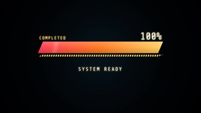 Futuristic digital loading bar animation showing progress from charging to completed system ready status.