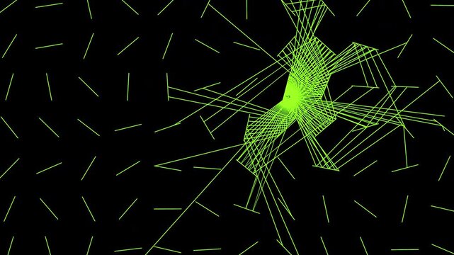 Reflection of Radial Lines in a Geometric Array.On a black background, numerous lines radiate outward from the origin point and are reflected by short lines arranged in an array.