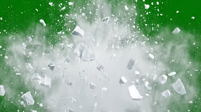 Snowbal impact causing white powder explosion with flying ice debris isolated on a vibrant green screen background