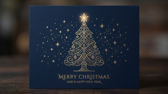 Elegant Merry Christmas greeting card with gold foil tree design on dark blue background