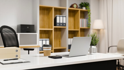 Fototapeta premium Modern Office Desk Setup with Laptop 3D Illustration