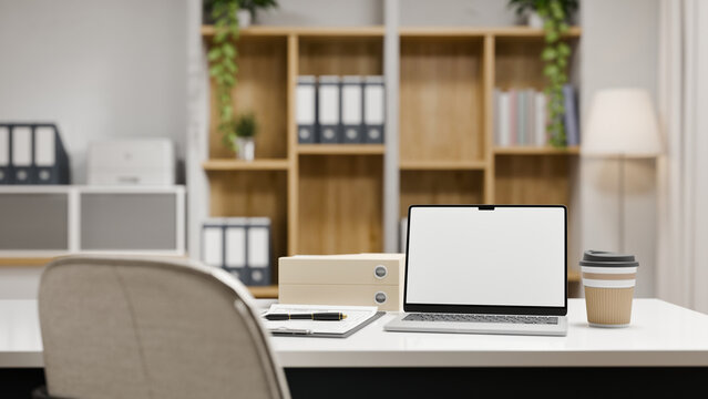 3D Office Workspace with Blank Screen Laptop