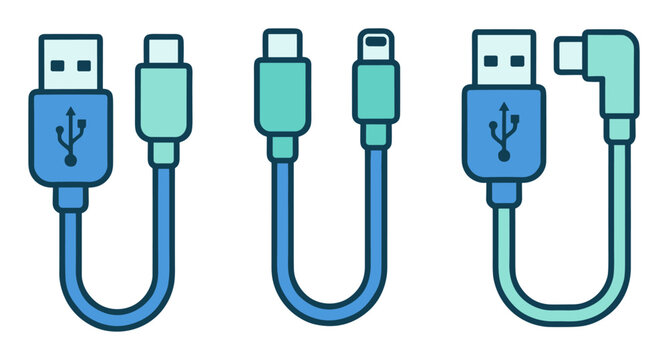 Set of three types of USB charging cables isolated