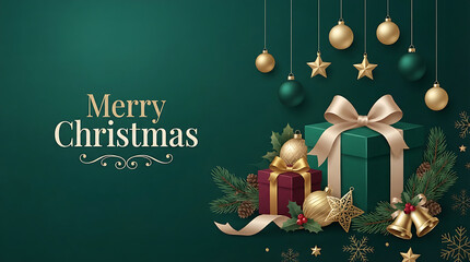Naklejka premium Elegant merry christmas background with golden ornaments and gift boxes on a dark green festive backdrop