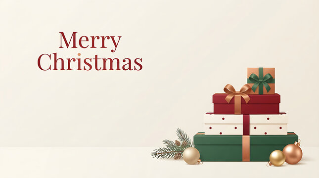 Minimalist christmas greeting card with a stack of wrapped gift boxes and golden ornaments on beige background