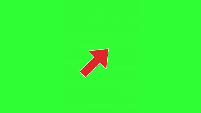 Bold red hand-drawn arrow animation pointing toward the upper right corner with small accent strokes on a bright green screen, ideal for chroma key overlays, directional guidance, callouts, tutorials,