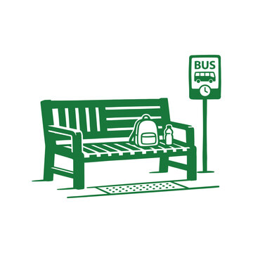 Green vector illustration of a bus stop bench with a backpack and water bottle next to a transit sign