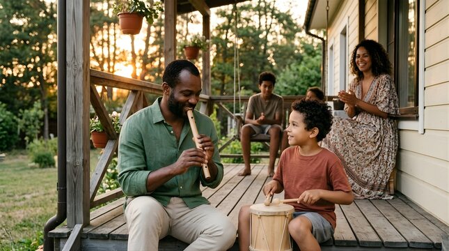 African American family playing music together on a wooden porch at sunset