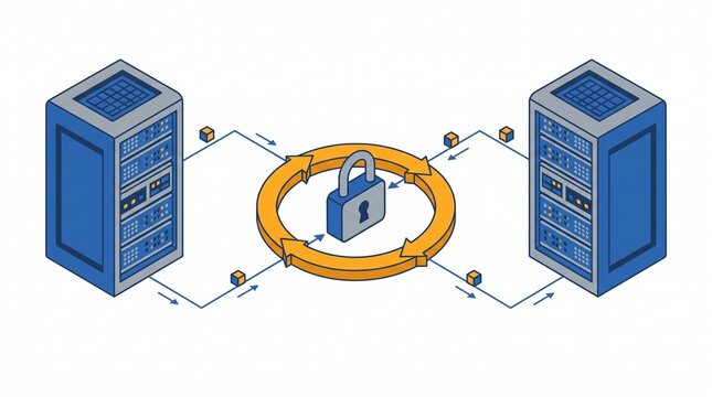 Isometric server data transfer with central padlock icon representing digital security