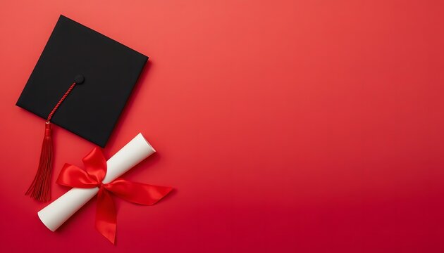 Education graduation cap and diploma with red ribbon on red background