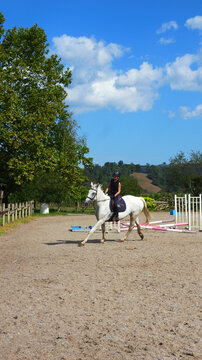 Beautiful young girl on a white horse at an equestrian farm